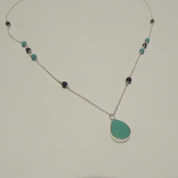 Turquiose and Blue Lapiz-Colored Sterling Silver Necklace - Picture 2 of 15